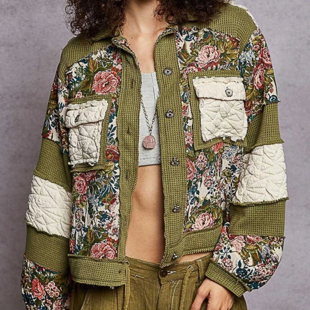 POL Vintage Washed Jacquard Color Block Jacket